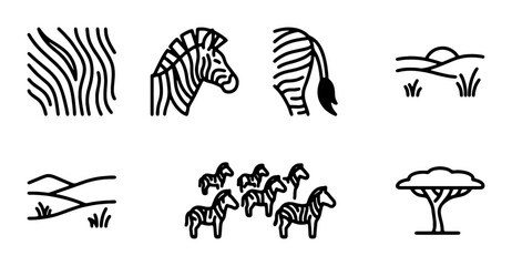 Minimalist Zebra Icons, African Safari Landscape Elements, Vector Set for Wildlife Design © Touhid