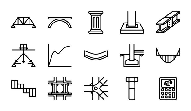 Structural Engineering Icons: Bridges, Beams, Columns, Graphs, and Tools