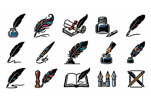 Colorful Feather Pen and Ink Bottle Icons Vintage Calligraphy Vector Set