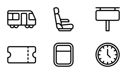 Train Travel Icons: Locomotive, Seat, Ticket, Window, Clock, Signboard Vector Set © Touhid