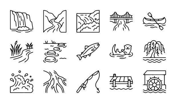 Nature Water Icons Set: River, Waterfall, Fish, Canoe, Bridge, Fishing Rod, Stepping Stones