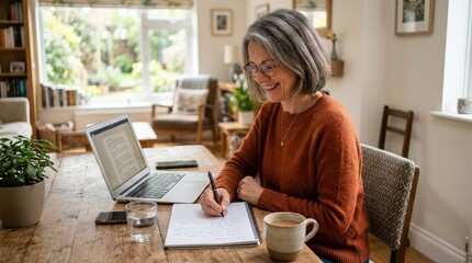 Fototapeta premium A smiling elderly woman sits at a wooden table, working on a laptop. She is writing notes in a spiral notebook and holding a mug of coffee.