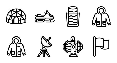 Arctic Icons Set: Igloo, Snowmobile, Parka, Satellite Dish, Flag, Vector Graphics © Touhid
