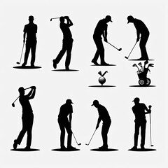 Naklejka premium Set of professional golf player black silhouettes swinging club isolated on white background