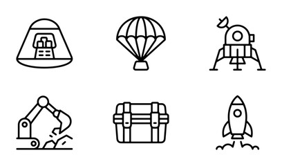 Space Exploration Icons: Rocket Launch, Lunar Lander, Capsule, Parachute, Excavator, Cargo Box © Mehedi