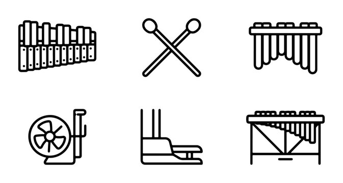 Percussion Instruments Vector Icons: Xylophone, Marimba, Mallets, Drum Set, Music Education Icons