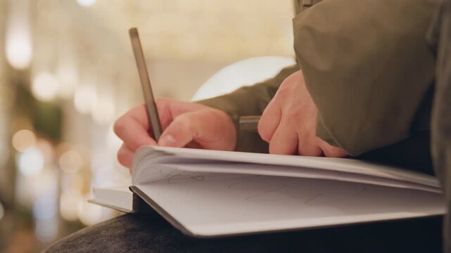 Hands writing in notebook on bench, closeup pen sketching notes against warm bokeh lights, winter coat sleeve visible, intimate steady motion suggesting reflective journaling in urban interior