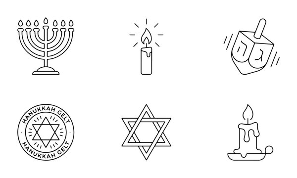 Hanukkah Icons Set, Jewish Holiday Symbols, Menorah, Dreidel, Star of David, Candle, Vector Graphics
