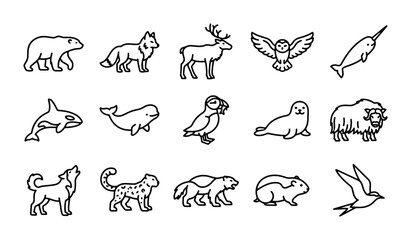 Arctic Wildlife Icons Set: Polar Bear, Wolf, Reindeer, Narwhal, Musk Ox, Orca, Seal © Salma