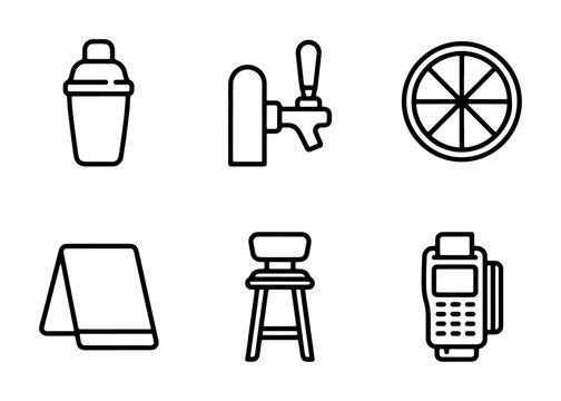 Bar Icons Set: Cocktail Shaker, Tap, Orange Slice, Towel, Stool, POS Machine