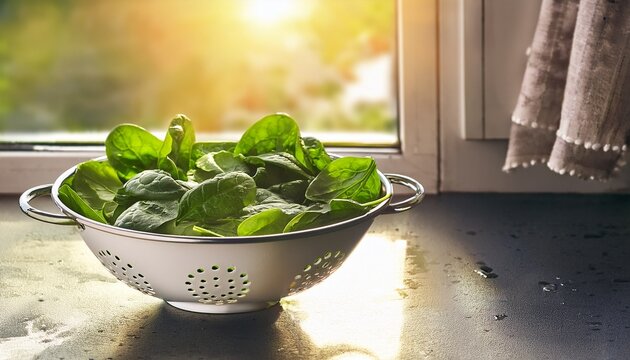 fresh spinach leaves in white colander near window with sunlight