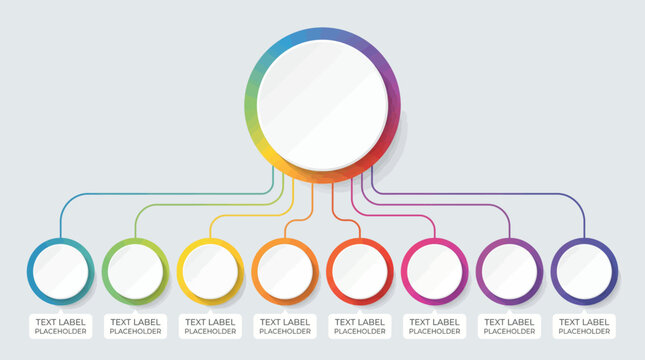 A colorful infographic template displays a central circle with multiple connected smaller circles, showcasing data visualization in a modern office setting with technology and business elements.