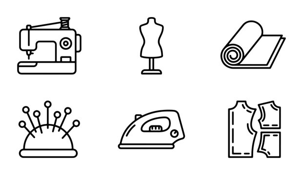 Sewing Machine, Mannequin, Fabric Roll, Pins, Iron, Patterns: Crafting Icons Set