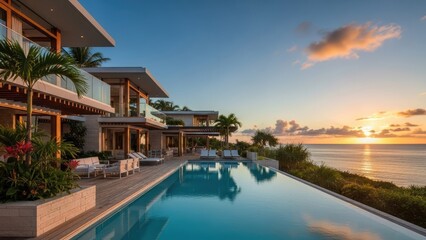 Fototapeta premium Luxury infinity pool at modern mansion overlooking the ocean.