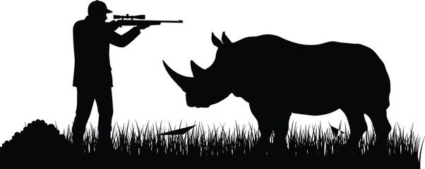Illegal Wildlife Hunter Aiming with Sniper Rifle in African Safari Grassland, Conservation, Cruelty and Crime Concept Vector Illustration © Rajbala