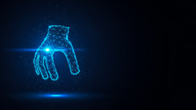 A glowing, particle-based digital hand extended in a dark blue environment, conveying technology and innovation.