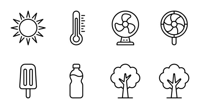 Summer Heat Icons: Sun, Thermometer, Fan, Ice Pop, Water Bottle, Trees