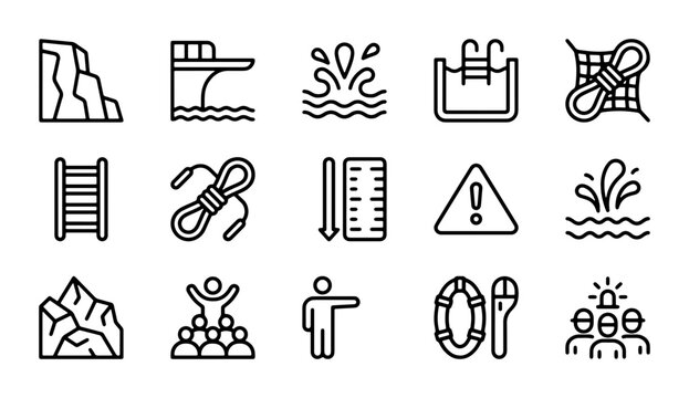 Water Safety Icons: Pool, Cliff, Rescue, Diving Board, Lifeguard, 15 Vector Elements