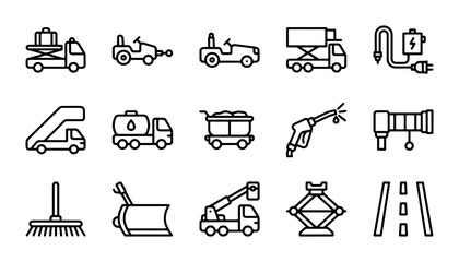 Airport Ground Support Equipment Icons, Vehicle & Machinery Vector Set, Transportation Service Symbols © Salma