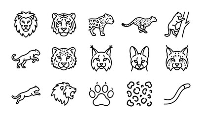 Big Cat Icons Set: Lion, Tiger, Leopard, Cheetah, Lynx, Wild Animals Vector Graphics © Imtiaz