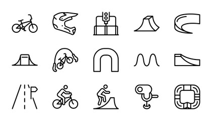 Fototapeta premium BMX Bike Icons Set: Extreme Sports, Bicycle Gear, Ramp Jumps, Action Sports Vector Graphics
