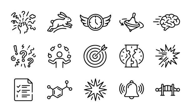 Abstract Icons: Brainstorming, Rabbit, Clock, Juggler, Target, Hourglass, Chemistry, Bell