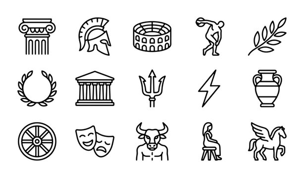 Ancient Greek Icons Set, Mythology Symbols Collection, Classical History Vector Elements