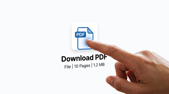Download, PDF file, document icon, hand clicking button, digital paperwork