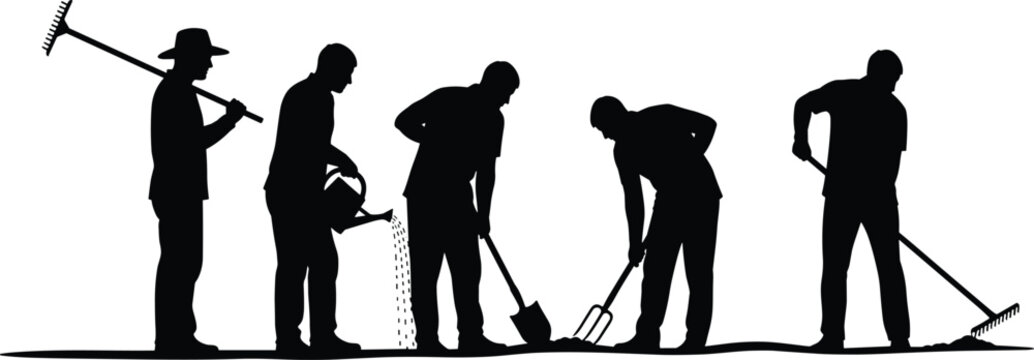 man raking soil, watering plants, shoveling earth, digging ground with fork, and leveling dirt for yard work or cultivation.