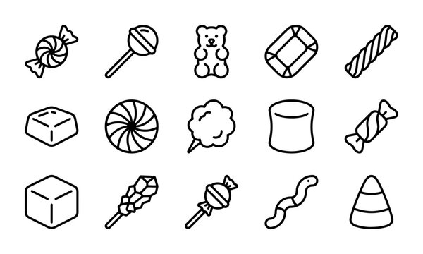 Sweet Treats Vector Icons: Candy, Lollipops, Gummy Bears, Marshmallows, Cotton Candy, Vector Set