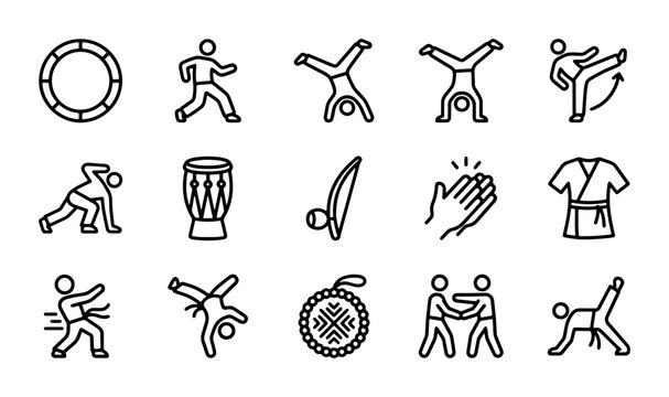 Capoeira Icons Set, Brazilian Martial Art Figures, Acrobatics, Music, Dance Vector Graphics