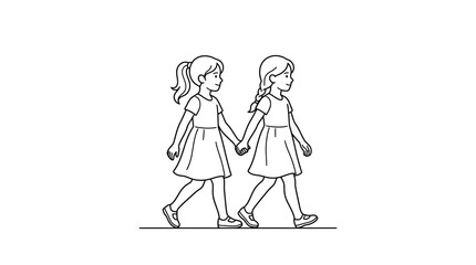 Obraz premium Two girls holding hands walking side by side, simple line drawing, friendship concept
