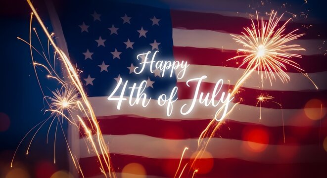 Fireworks explode over American flag happy fourth of july message.