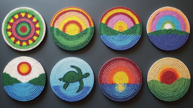 Set of eight colorful round beaded plates with tribal patterns and nature scenes like sunrises and sea turtles