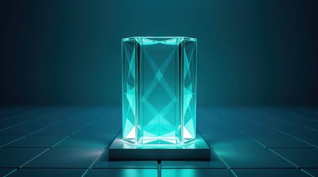 Glowing teal crystal prism on a platform in a dark digital space with light reflections and geometric shapes