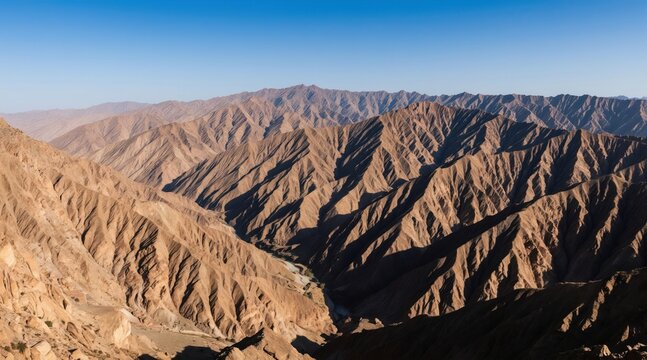 Rugged Zagros mountain range arid terrain under clear blue sky. Brown dusty slopes show deep shadows from sunlight. A thin river cuts through valley below.