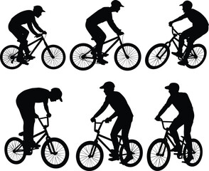 Fototapeta premium Collection of BMX and mountain bike cyclist silhouettes isolated on white for outdoor sports adventure and active lifestyle vector design