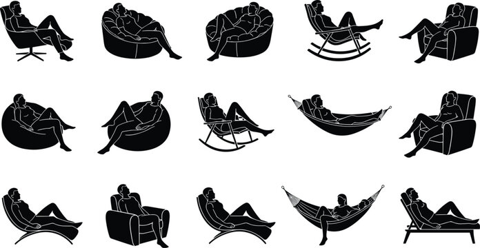 Set of People Relaxing in Modern Indoor Furniture Silhouettes, Including Chairs, Sofas, and Lounges, Representing Leisure, CAD Drawing Flat Vector Illustration