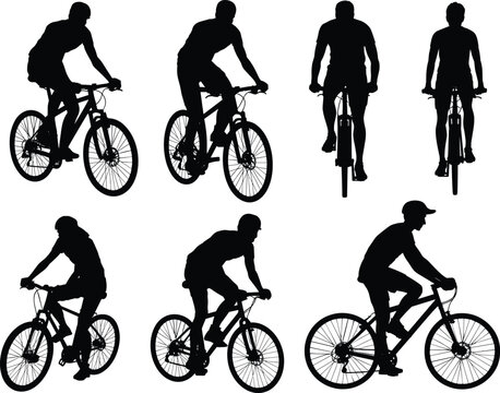 Set of mountain bike cyclist silhouettes from multiple angles including side front and back views isolated on white background