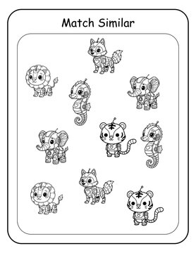 STEM-inspired printable picture matching worksheets featuring robot animals for preschool and kindergarten. Kids identify matching robo animal pairs and draw connecting lines, 