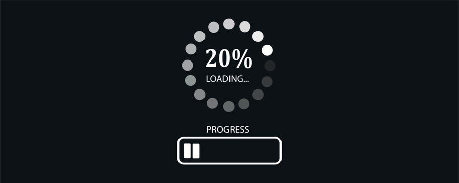 Loading bar at 20%, web preloader on dark background. Update or download progress, progress bar diagram icon, technology flat design.