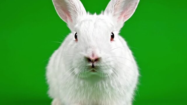 Cute white rabbit sitting and looking at the camera on a vibrant green screen background, studio portrait for chroma key and easy background removal.