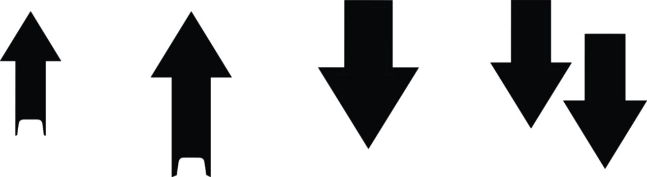 Directional Arrow Silhouette Icon Set Featuring Upward and Downward Pointers for Business Growth, Financial Trends, Navigation UI, and Progress Tracking Vector Designs