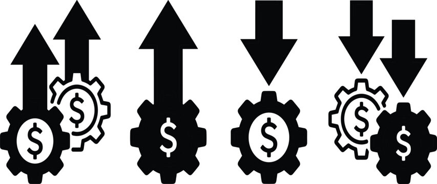 Financial Performance Icon Set Featuring Dollar Gear Wheels with Up and Down Arrows for Business Economy, Investment Fluctuation, Profit Growth, and Market Trend Vector Designs