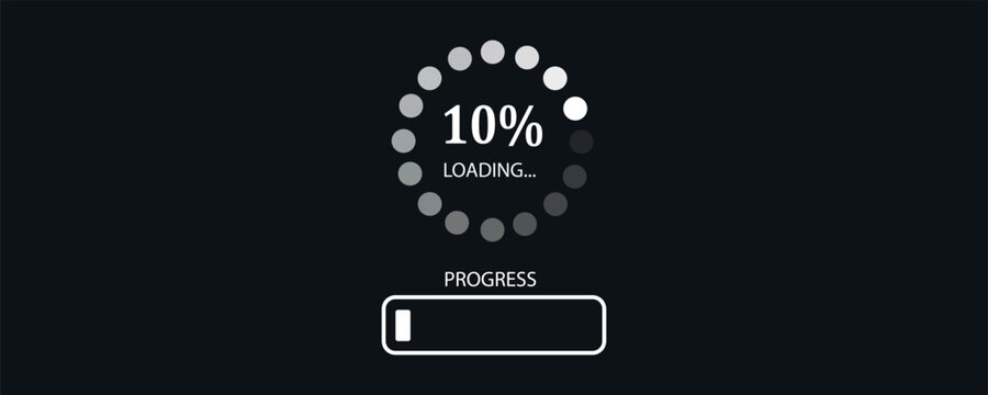 Loading bar at 10%, web preloader on dark background. Update or download progress, progress bar diagram icon, technology flat design.