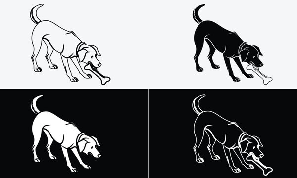 Playful labrador dog holding big bone in mouth vector illustration set, canine chewing treat silhouette and line art icons on light and dark backgrounds