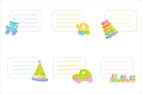 Six toy character note card templates with lines for writing, children baby label design clipart, printable stationery illustration.