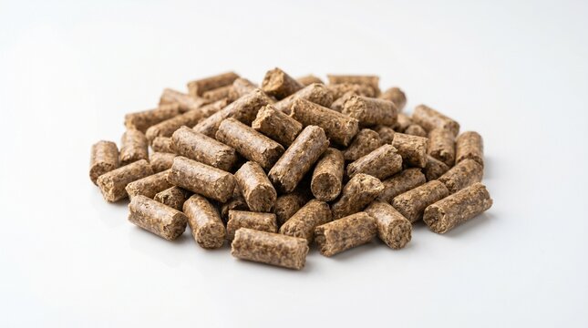 Cattle feed pellets piled on white studio background