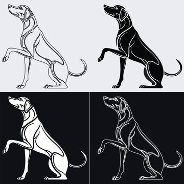 Sitting hunting dog raising paw side profile vector illustration set, hound or pointer silhouette and line art icons on light and dark backgrounds.