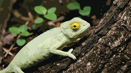 Small green chameleon lizard climbing on tree bark in nature forest, cute reptile wildlife illustration with yellow eyes and camouflage skin texture © Rajbala